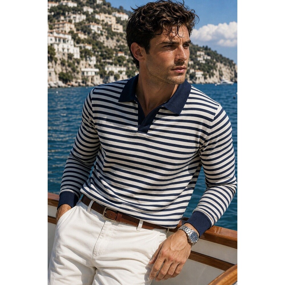 J Crew Johnny Collar Sweater Polo Mens M Navy White Stripe Cotton Long Sleeve